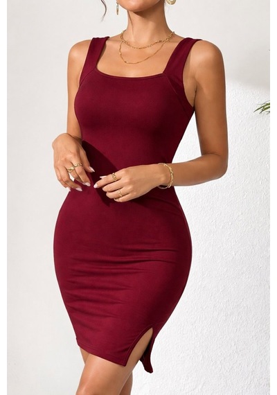 Veraura Lifestyle Kadın Askılı Kare Yakalı Yırtmaçlı Kısa Dalgıç Elbise Bordo