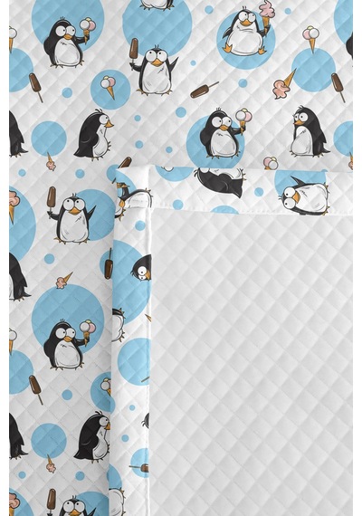 Evimde Bambaşka Penguen Mavi Çocuk Odası Tek Kişilik Pike Takımı-sevimli Modern Siyah 160x220 CM Kapitone Yazlık Örtü