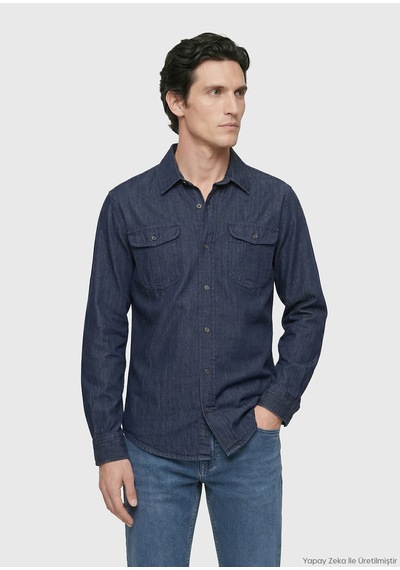 Ramsey İndigo Düz Casual Fit Uzun Dokuma Casual Pamuk Karışımlı Gömlek