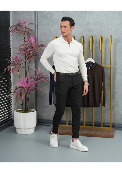 Modefendi Pamuk Likra Slim Fit Kalıp Yaka Fermuar Detaylı Triko Kazak Beyaz