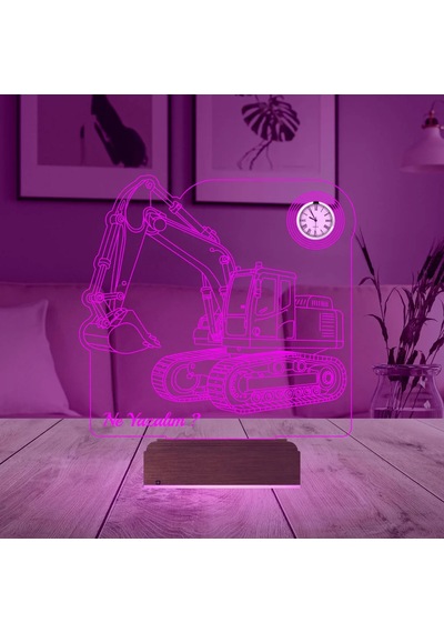 Luvivia Ekskavatör Kepçe İş Makinesi Kişiye Özel Metal Saatli 3d Lamba - Masa Gece Lambası Şeffaf