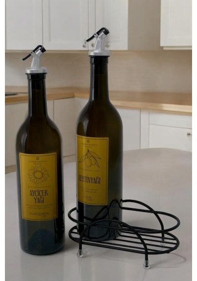 Digithome Petra 2'li Siyah Metal Standlı Yağdanlık Seti Gold Etiketli Amber Yağlık 750 Ml Siyah