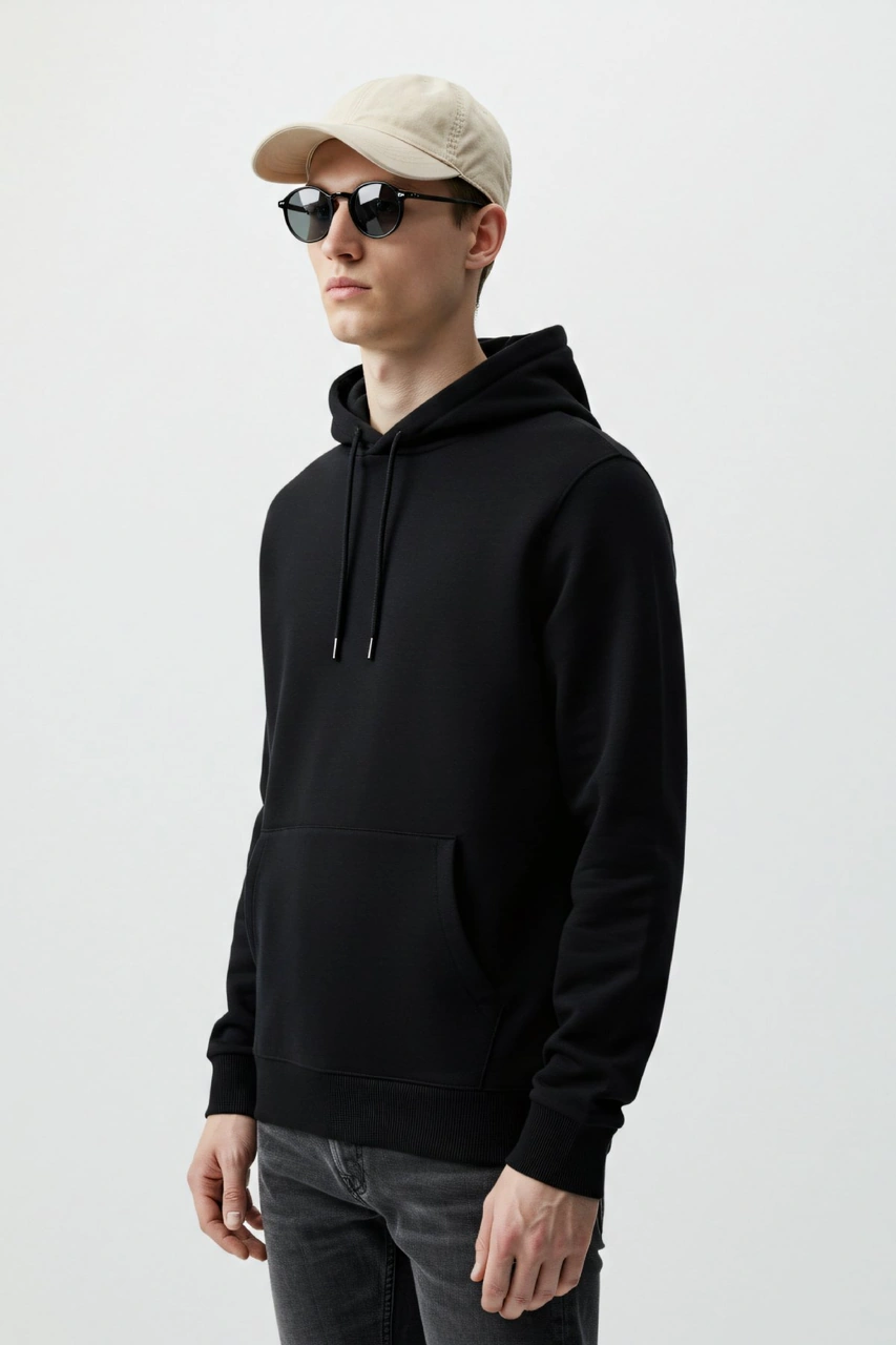 Erkek Oversize %100 Pamuk Yüksek Kalite Erkek Kapüşonlu Sweatshirt Siyah