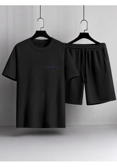 Uyguntarz Unisex Cep İmza Tasarım Basklı Tshirt Şort Takımı Siyah