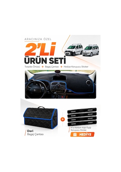 Renault Kangoo 3 2010-2018 Uyumlu Torpido Örtüsü + Deri Bagaj Çantası + Sticker Seti - Siyah Mavi