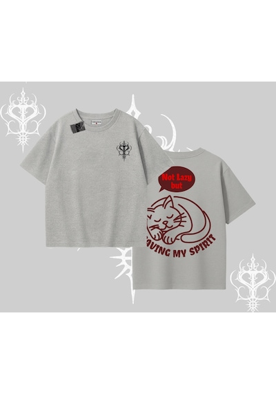 Tarzsokak Not Lazy Saving My Spirit Kedi Baskılı Oversize Tshirt Gri