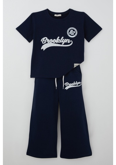 Breeze Kız Çocuk Pantolonlu Takım Brooklyn Yazı Baskılı Bağcıklı 8-14 Yaş, Lacivert
