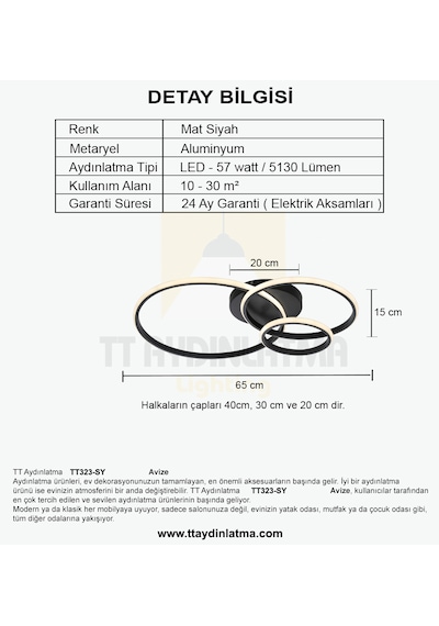 Tt323-sy Tt Aydınlatma 3 Halkalı Mat Siyah Plofonyer Beyaz Işık Siyah