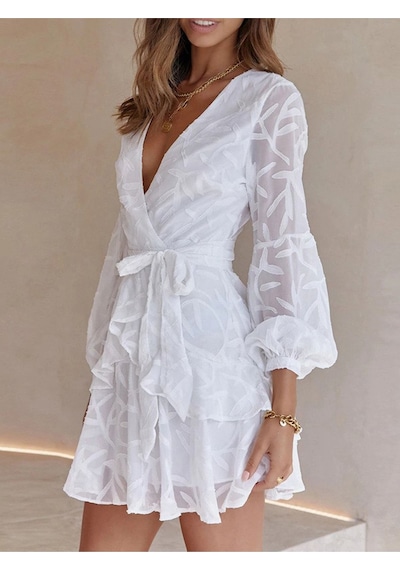 Fashion Cocktail Kabartma Yaprak Dal Desenli Uzun Kollu Kemerli Bohem Mini Elbise Beyaz