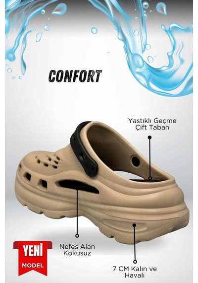 Sermoda Yüksek Çift Taban Taşlı Deniz Havuz Sabo Doktor Hemşire Hastane Comfort Günlük Kadın Terlik Vizon Siyah