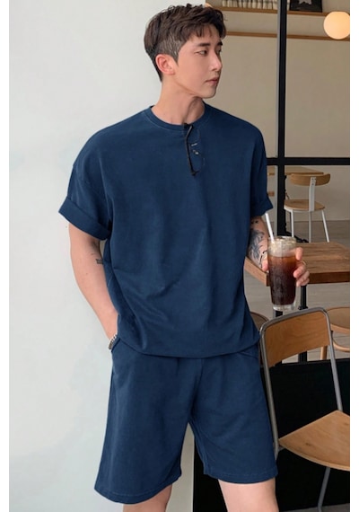 Tarz Cool Erkek Oversize T-shirt Şort Takım Rahat Yazlık Kombin Lacivert