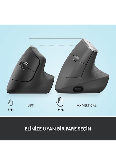 Lift Kablosuz Ergonomik Dikey Mouse, 57 Dikey Açı, 4000 Dpı, Sessiz, Küçük Ve Orta Eller İçin, Bluetooth, Logi Bolt Usb Alıcı, 24 Ay Pil Ömrü, Siyah