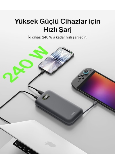 Belkin Bpb040hqch Ultracharge Pro 27.000mah 240w Dahili Usb-c Kablolu Dijital Göstergeli Laptop Powerbank - Antrasit Siyah