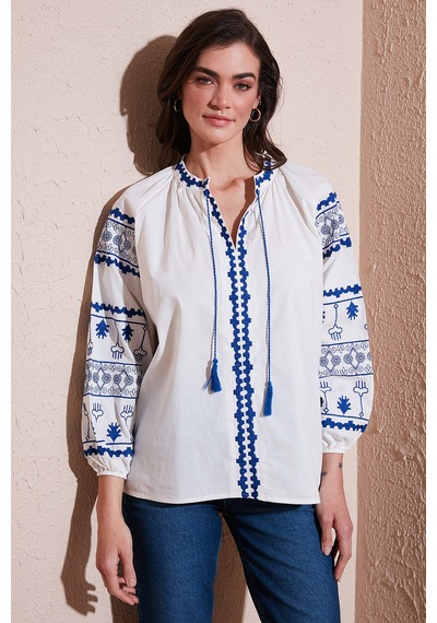Lela Nakış Işlemeli Pamuklu Oversize Fit Bağlamalı V Yaka Bayan Bluz 676271 Ekru