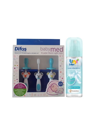 Uni Baby Bebek Kolonyası Bebeksi Dokunuş 150 Ml + Difaş Bebekler İçin 3'Lü Damak Kaşıma Ve Diş Bakım Seti Mavi