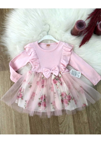 Retro Women Kız Çocuk Çiçekli Toz Pembe Doğum Günü Abiye Prenses Şık Elbise Pembe