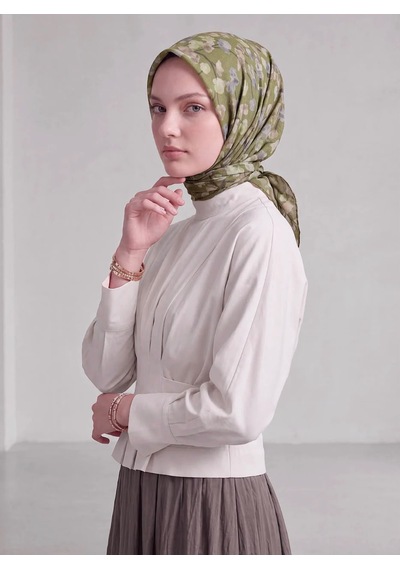 Ayshara Şakayık Çiçek Desenli Çift Taraflı Eşarp Haki Yeşil