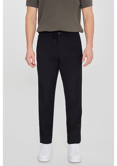 Erkek Sıyah Slim Fit Dar Kesim Beli Bağlamalı Yan Cepli Pantolon Siyah