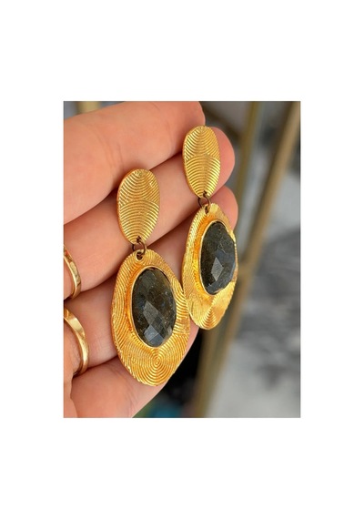 Vıp Doğal Labradorit Model Vintage Tasarım Küpe Altın