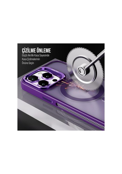 iPhone Uyumlu 14 Plus / 15 Plus Kamera Koruma Stantlı Magsafe Destekli Lens Koruyucu Telefon Kılıfı Mor