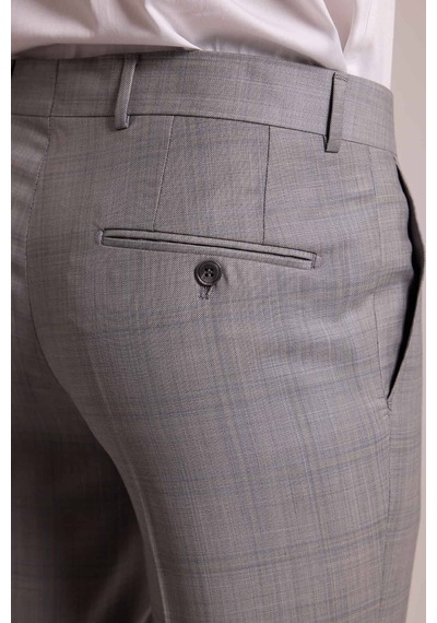Erkek Gri Krem Slim Fit Sivri Yaka Yelekli Yün Kareli Takım Elbis Gri - Krem