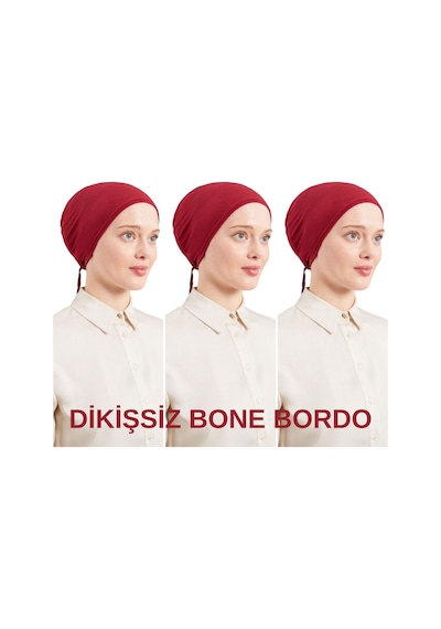 Melodi Scarf Kadın Tesettür Dikişsiz Set Bone Bordo 3 Adet Bağlamalı Penye Bone Bordo
