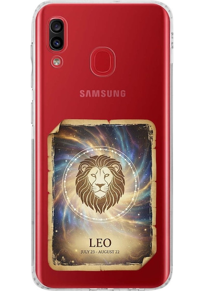 Samsung Galaxy A30 İle Uyumlu Burç Kartları Aslan Tasarımlı Şeffaf Silikon Kılıf Şeffaf