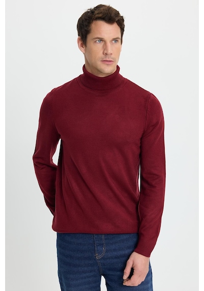 Tudors Erkek Slim Fit Dar Kesim Yumuşak Dokulu Tüylenmeyen Bordo Tam Balıkçı Yaka Triko Kazak-34928 Bordo