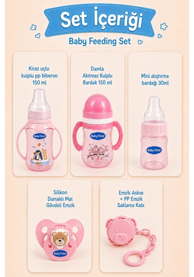 Babytime 5'li Bebek Beslenme Seti Pembe 0+ Ay 150 Ml Pp Biberon - Alıştırma Bardağı - Emzik ve Askısı Ak206