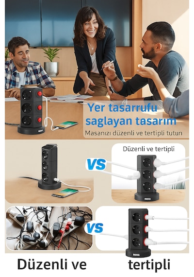 Kule Tipi 12 Li Çoklu Priz 3 Usb Hızlı Şarj Anahtarlı Akım Korumalı Masa Üstü Tower Priz 2 m