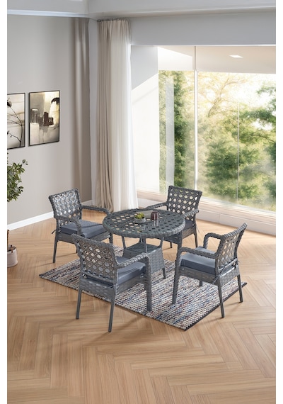 Evdemo Ayaz 4 Kişilik Rattan Bahçe Balkon Mutfak Masa Takımı Gri Gri