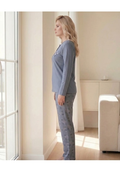 Eyfuze Kadın Kışlık Büyük Beden Curve Nakışlı Desenli Yakası Düğmeli Uzun Kollu Pijama Takımı Antrasit - Gri
