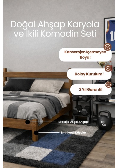 Natura Masif Ahşap Karyola Ve 2 Adet Komodin Ceviz 90x200