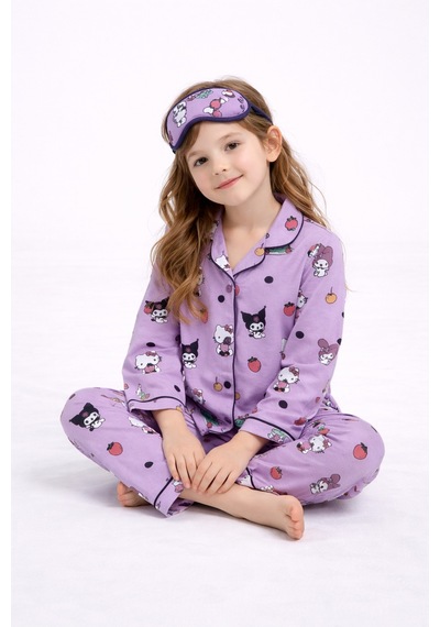 Beka Kids Desenli Uzun Kollu Önden Düğmeli Gömlek Yaka Kız Çocuk Pijama Takımı Ve Göz Bandı Mor Beka Kids Desenli Uzun Kollu Önden Düğmeli Gömlek Yaka Kız Çocuk Pijama Takımı Ve Göz Bandı Mor