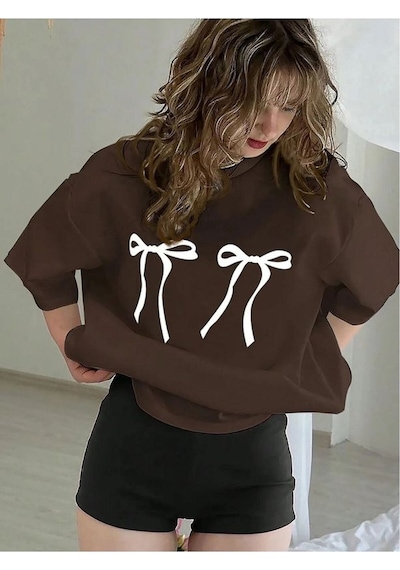 Uyguntarz Unisex Çift Kurdele Tasarım Basklı Tshirt Kahverengi