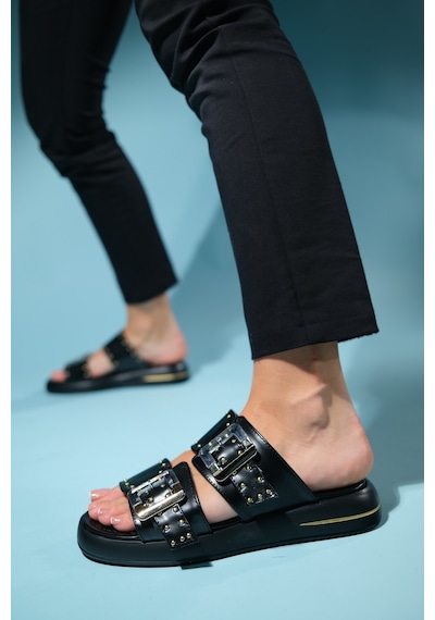 Luvishoes Zley Siyah Şeffaf Tokalı Kadın Terlik Siyah