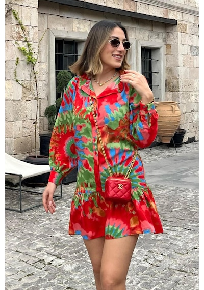 Madmext Kırmızı Desenli Kısa Kadın Elbise Mg2429 Kırmızı