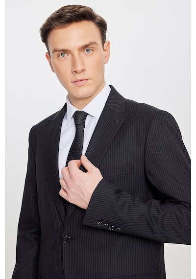 Altınyıldız Classıcs Erkek Sıyah Slim Fit Kırlangıç Yaka Çizgili Esnek Takım Elbise Siyah