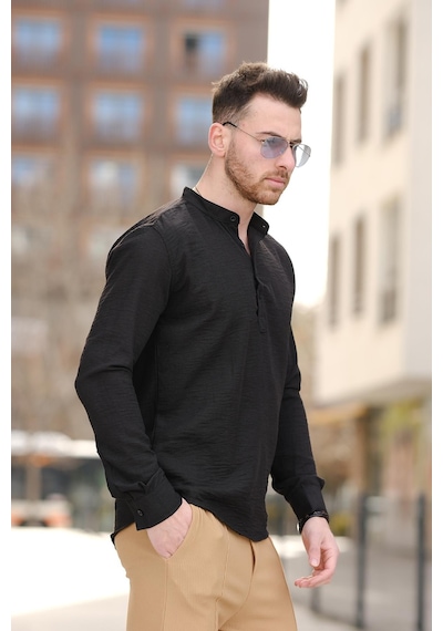 Zareh Slim Fit Kırınkıl Desen Yarım Pat Hakim Yaka Erkek Gömlek 001