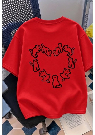 Kedi Kalp Desenli Oversize/rahat Kesim Kısa Kollu T-shirt Kirmizi