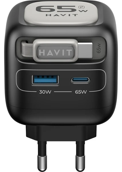 Havit Uc253 65w Gan Hızlı Şarj Adaptörü Geri Çekilebilir Kablolu Pd Type-c - Gri Siyah 65w Şarj Cihazı