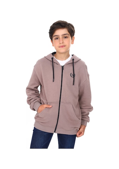 Toontoy Kids Toontoy Erkek Çocuk Kapüşonlu Fermuarlı Cepli Düşük Omuz Baskılı Örme Hırka - 3 İplik Şardonsuz Kahve
