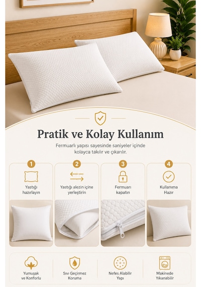 4'lü Su Geçirmez Yastık Alezi 50x70 Cm Fermuarlı Yastık Koruyucu Kılıfı Micro Kumaş Terletmez Beyaz Beyaz