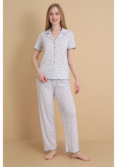 Wordex Mirano 1714 Çiçekli Pointel İnce Kumaş Düğmeli Kısa Kollu Kadın Pijama Takımı Gri