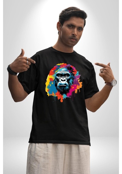 Renkli Maymun Goril Pamuklu Bisiklet Yaka Unisex Oversize Boyfriend Dijital Baskılı Siyah T-shirt Siyah