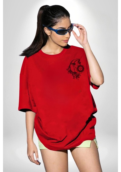 Ay Yıldız Dudak Bulut Dövme Kırmızı Oversize Unisex Ön Ve Sırt Baskılı Tişört Kırmızı