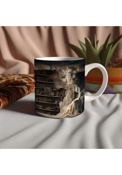 3d Görünümlü Fantastik Kitaplar Kupa Bardak - Mistik Loş Kütüphane Detaylı - Kabartmasız Beyaz