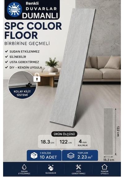 2,23m² Alan Kaplar Spc Parke 4+1mm Plastik Suya Dayanıklı Kilitli Geçmeli Zemin Kaplama Dumanlı