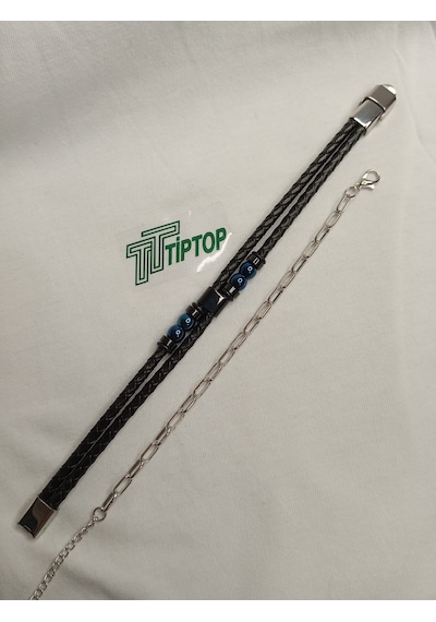 Tiptop/ Siyah Deri Taşlı Çelik Tokalı - Gümüş Renk Ataç Zincir Bileklik Set Gümüş