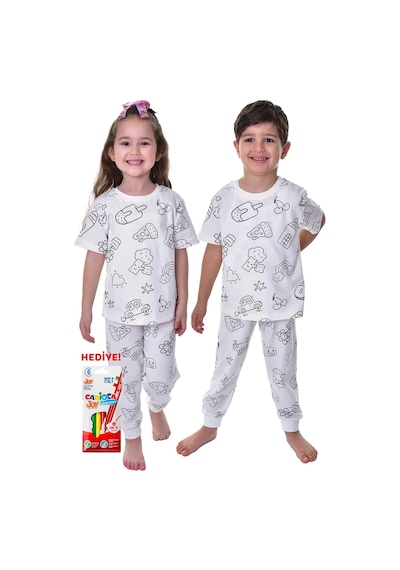 Zuzunga En Sevimli Figürleri Özel Kalemi İle Boyanabilir Yıkama Sonrası Leke Bırakmaz Çocuk Pijama Takımı - Beyaz